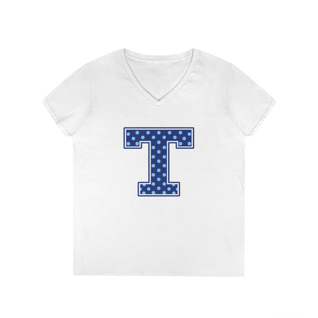 Tuslaw Mustangs Blue Polka Dot Monogram Women’s V-Neck T-Shirt