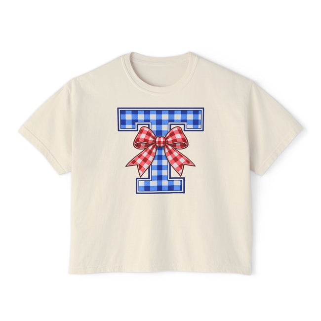 Tuslaw Mustangs Gingham Bow Monogram Boxy T-Shirt