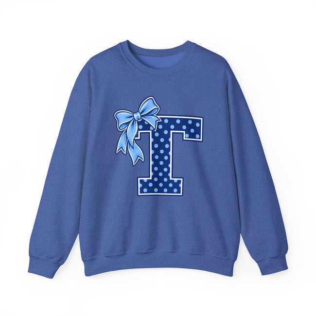 Tuslaw Mustangs Ladies — Blue Polka Dot Monogram Crewneck Sweatshirt