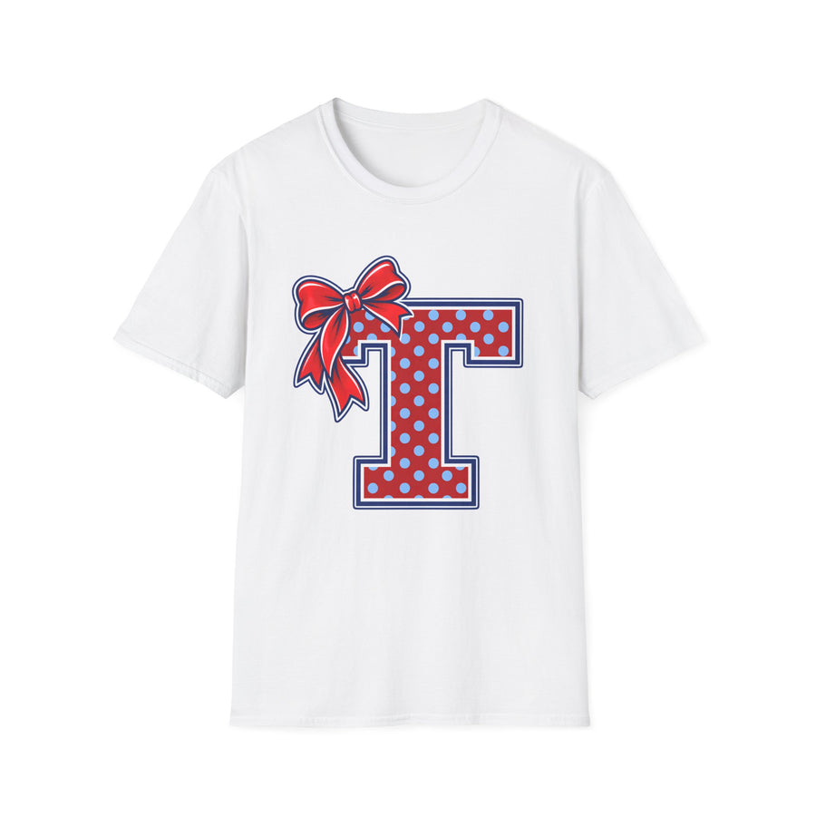 Tuslaw Mustangs Ladies — Red Polka Dot Monogram T-Shirt