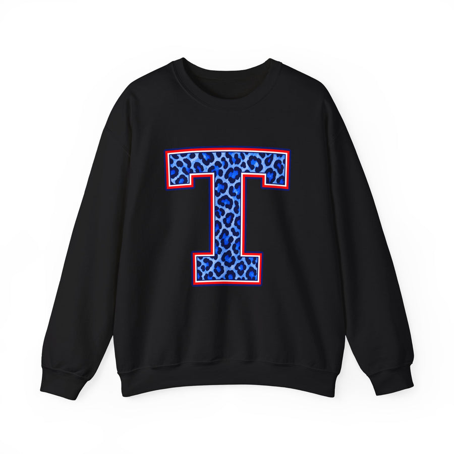 Tuslaw Mustangs Ladies — Leopard Print Monogram Crewneck Sweatshirt