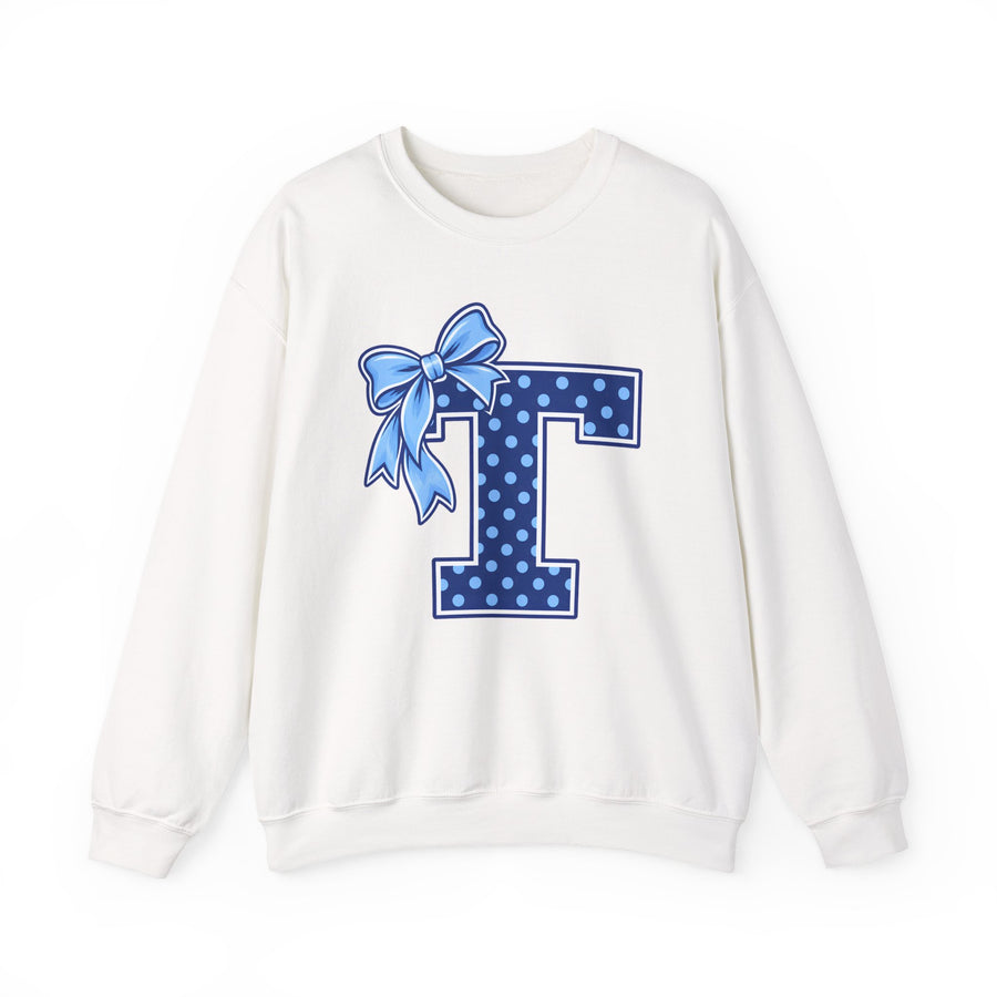 Tuslaw Mustangs Ladies — Blue Polka Dot Monogram Crewneck Sweatshirt