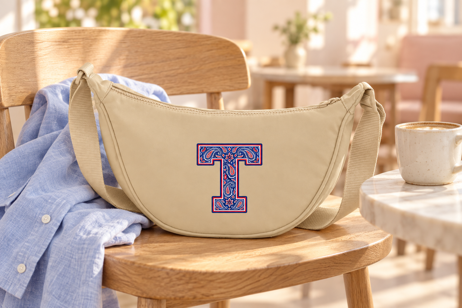 Sahara paisley T crossbody bag in a light café setting