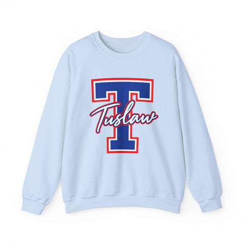 Tuslaw Mustangs — Classic Script Monogram Crewneck Sweatshirt in Light Blue