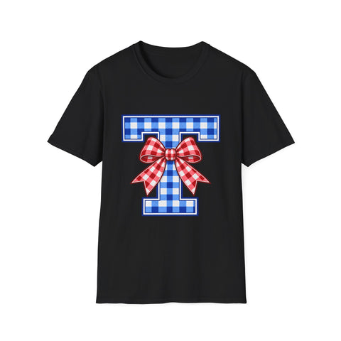 Tuslaw Mustangs Ladies — Gingham Style Monogram T-Shirt in Black