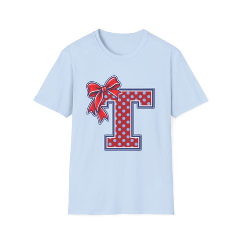 Tuslaw Mustangs Ladies — Red Polka Dot Monogram T-Shirt in Light Blue