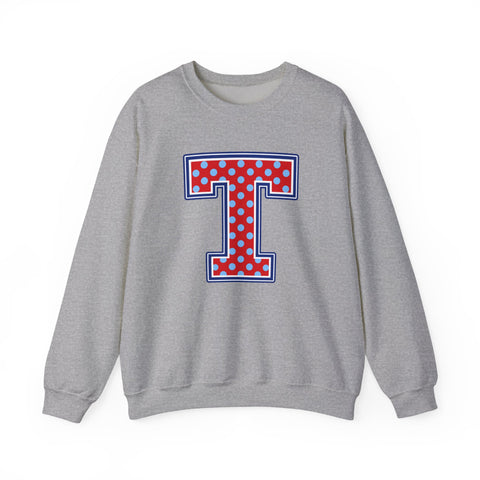 Tuslaw Mustangs — Red Polka Dot Monogram Crewneck (No Bow) in Sport Grey