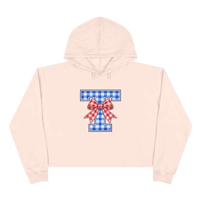 Tuslaw Mustangs Gingham Bow Monogram Crop Hoodie