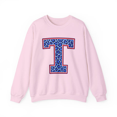 Tuslaw Mustangs Ladies — Leopard Print Monogram Crewneck Sweatshirt in Light Pink