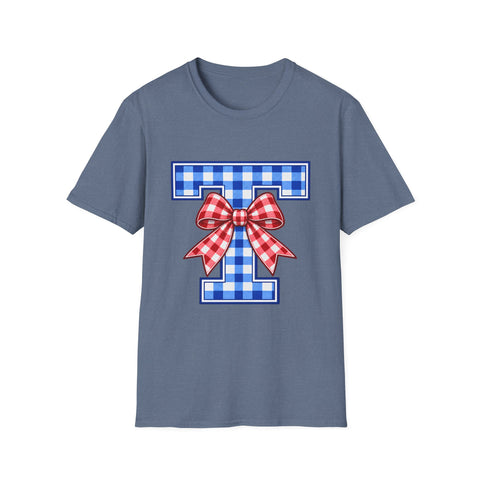 Tuslaw Mustangs Ladies — Gingham Style Monogram T-Shirt in Heather Indigo