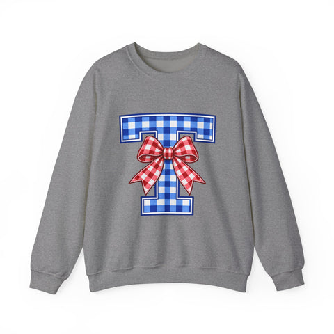 Tuslaw Mustangs Ladies — Gingham Style Monogram Crewneck Sweatshirt in Graphite Heather