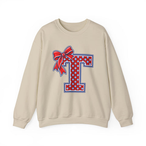 Tuslaw Mustangs Ladies — Red Polka Dot Monogram Crewneck Sweatshirt in Sand
