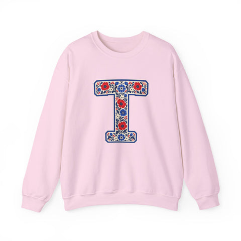 Tuslaw Mustangs Farmhouse Floral Monogram Crewneck Sweatshirt in Light Pink