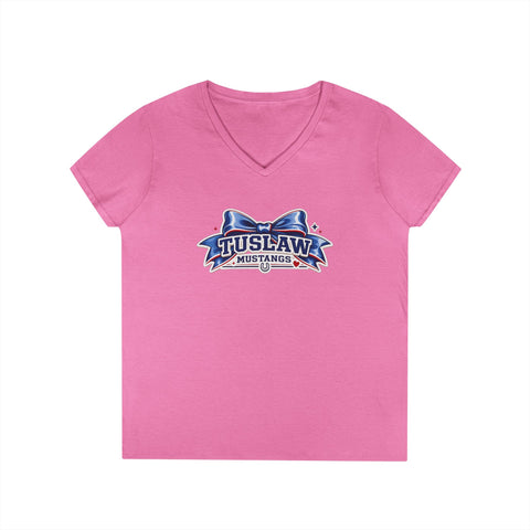 Tuslaw Mustangs Ladies — Large Varsity Bow V-Neck T-Shirt