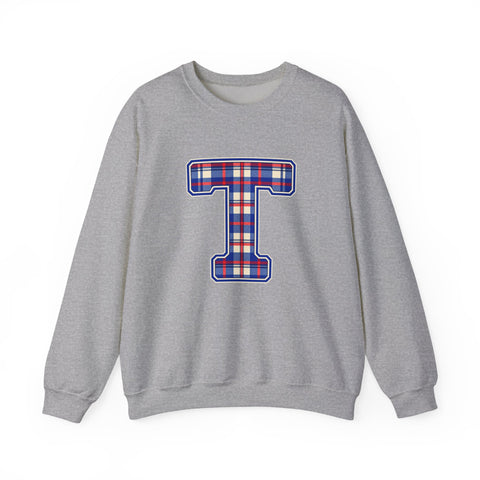 Tuslaw Mustangs Plaid Monogram Crewneck Sweatshirt in Sport Grey