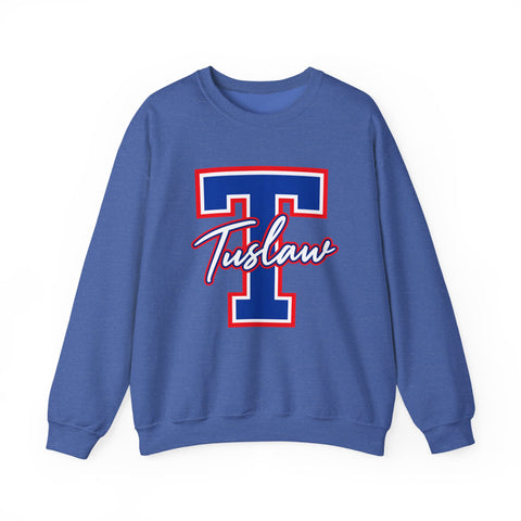 Tuslaw Mustangs — Classic Script Monogram Crewneck Sweatshirt in Heather Sport Royal