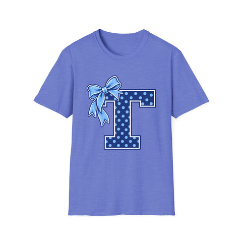 Tuslaw Mustangs Ladies — Blue Polka Dot Monogram T-Shirt in Heather Royal