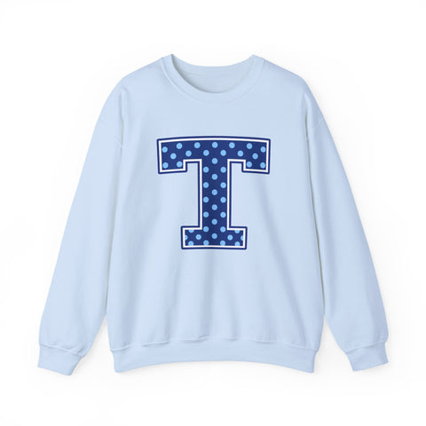 Tuslaw Mustangs — Blue Polka Dot Monogram Crewneck (No Bow) in Light Blue