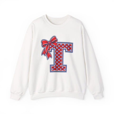 Tuslaw Mustangs Ladies — Red Polka Dot Monogram Crewneck Sweatshirt