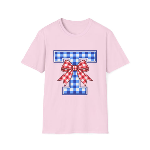 Tuslaw Mustangs Ladies — Gingham Style Monogram T-Shirt in Light Pink