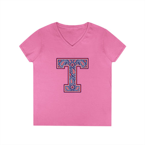 Tuslaw Mustangs Paisley Monogram Women’s V-Neck T-Shirt in Azalea
