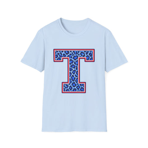 Tuslaw Mustangs Ladies — Leopard Print Monogram T-Shirt in Light Blue