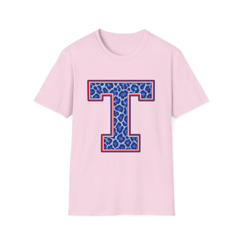 Tuslaw Mustangs Ladies — Leopard Print Monogram T-Shirt in Light Pink