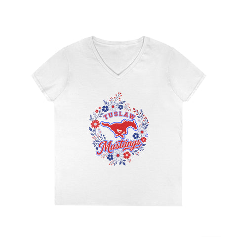 Tuslaw Mustangs Ladies — Floral Wreath V-Neck T-Shirt