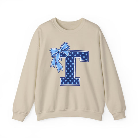 Tuslaw Mustangs Ladies — Blue Polka Dot Monogram Crewneck Sweatshirt in Sand