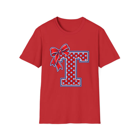 Tuslaw Mustangs Ladies — Red Polka Dot Monogram T-Shirt in Red