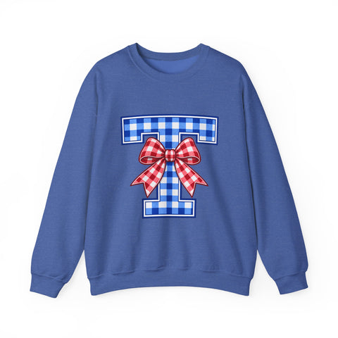Tuslaw Mustangs Ladies — Gingham Style Monogram Crewneck Sweatshirt in Heather Sport Royal