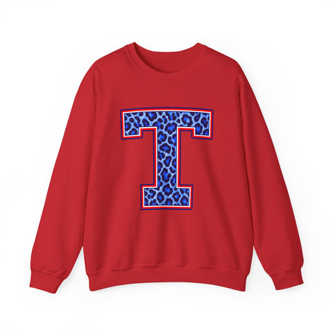 Tuslaw Mustangs Ladies — Leopard Print Monogram Crewneck Sweatshirt in Red