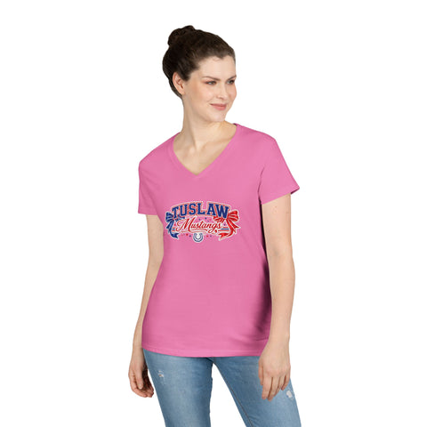 Tuslaw Mustangs Ladies — Red & Blue Bows V-Neck T-Shirt