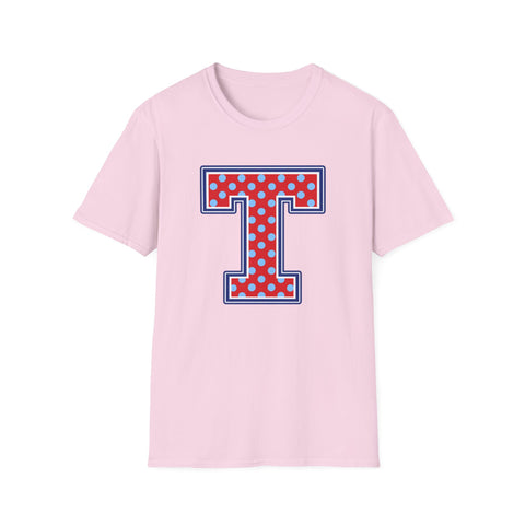Tuslaw Mustangs — Red Polka Dot Monogram T-Shirt (No Bow) in Light Pink