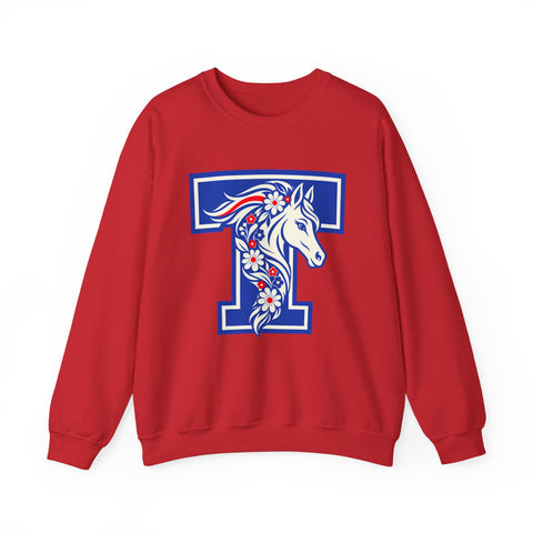 Tuslaw Mustangs — Floral Mane Monogram Crewneck Sweatshirt in Red