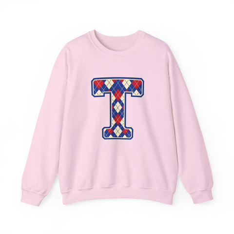 Tuslaw Mustangs Argyle Monogram Crewneck Sweatshirt in Light Pink