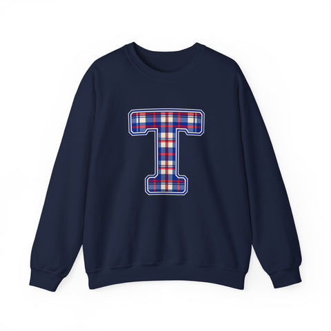 Tuslaw Mustangs Plaid Monogram Crewneck Sweatshirt in Navy