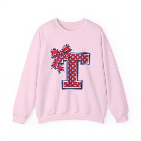 Tuslaw Mustangs Ladies — Red Polka Dot Monogram Crewneck Sweatshirt in Light Pink