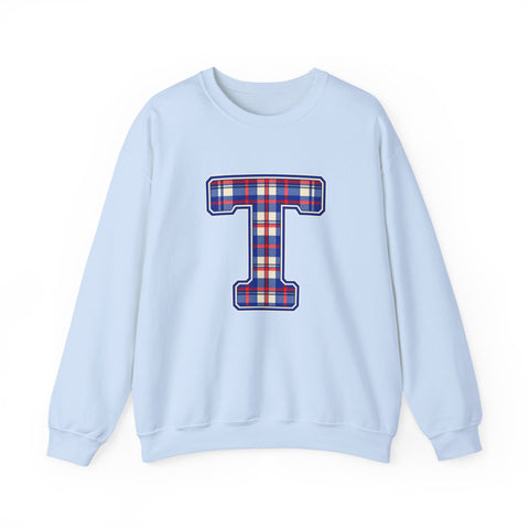 Tuslaw Mustangs Plaid Monogram Crewneck Sweatshirt in Light Blue