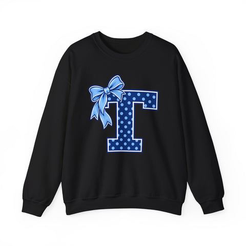 Tuslaw Mustangs Ladies — Blue Polka Dot Monogram Crewneck Sweatshirt in Black