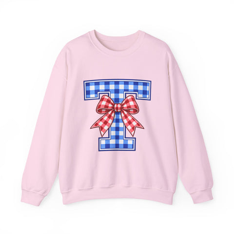 Tuslaw Mustangs Ladies — Gingham Style Monogram Crewneck Sweatshirt in Light Pink