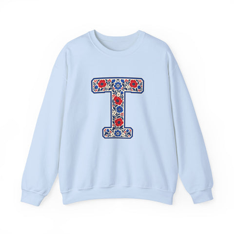 Tuslaw Mustangs Farmhouse Floral Monogram Crewneck Sweatshirt in Light Blue