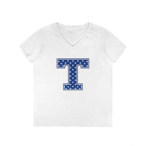 Tuslaw Mustangs Blue Polka Dot Monogram Women’s V-Neck T-Shirt in White