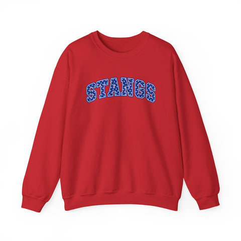 Tuslaw Mustangs — Blue Polka Dot STANGS Crewneck in Red