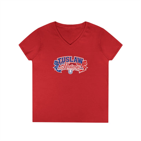 Tuslaw Mustangs Ladies — Red & Blue Bows V-Neck T-Shirt