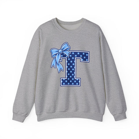 Tuslaw Mustangs Ladies — Blue Polka Dot Monogram Crewneck Sweatshirt in Sport Grey