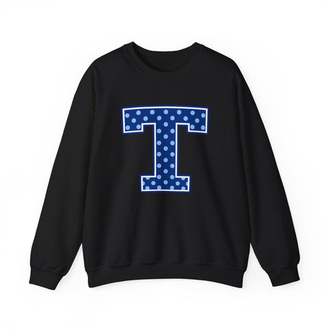 Tuslaw Mustangs — Blue Polka Dot Monogram Crewneck (No Bow) in Black