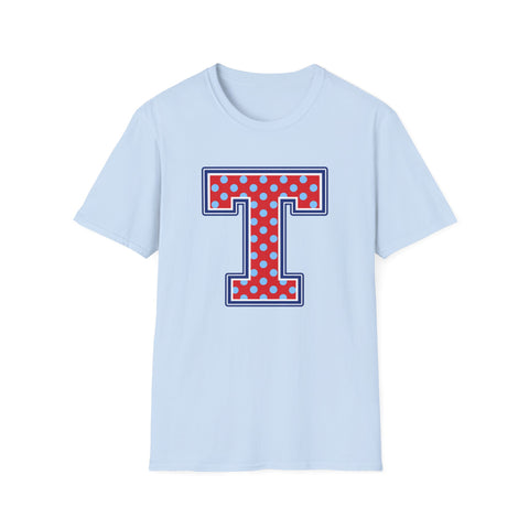 Tuslaw Mustangs — Red Polka Dot Monogram T-Shirt (No Bow) in Light Blue