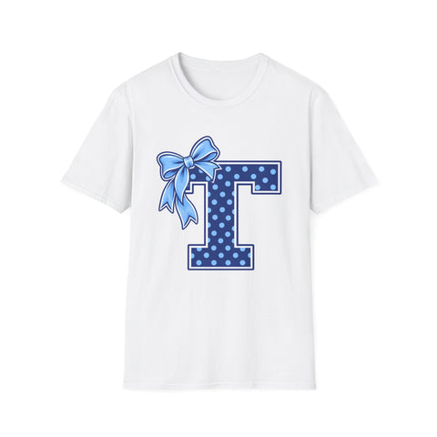 Tuslaw Mustangs Ladies — Blue Polka Dot Monogram T-Shirt