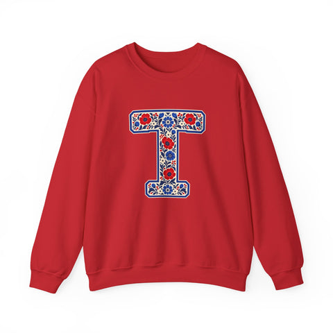 Tuslaw Mustangs Farmhouse Floral Monogram Crewneck Sweatshirt in Red